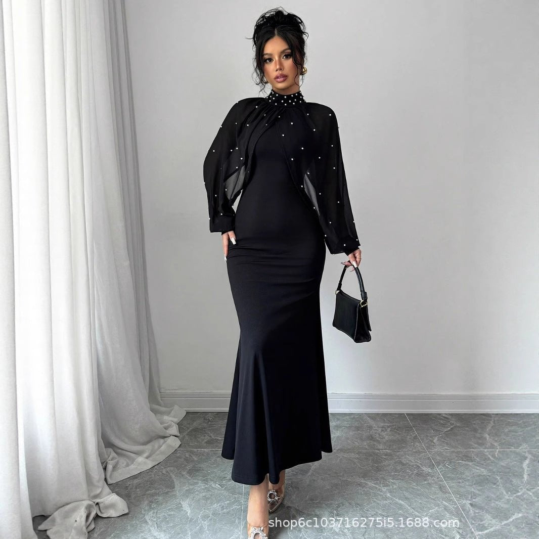 Pearl-Studded Sheer Puff Sleeve Dress – Formal Maxi Dress Pink / L