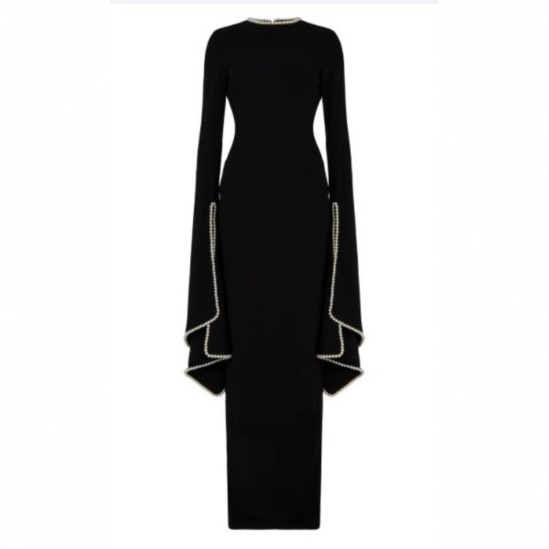 Pearl - Trimmed Cape Sleeve Evening Gown | Fitted Black Maxi Dress(MA355) - Mariam's Collection