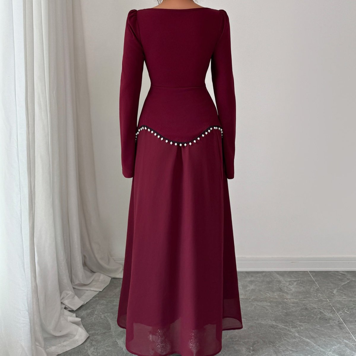 Pearl - Trimmed Peplum Dress with Square Neckline(MS326) - Mariam's Collection