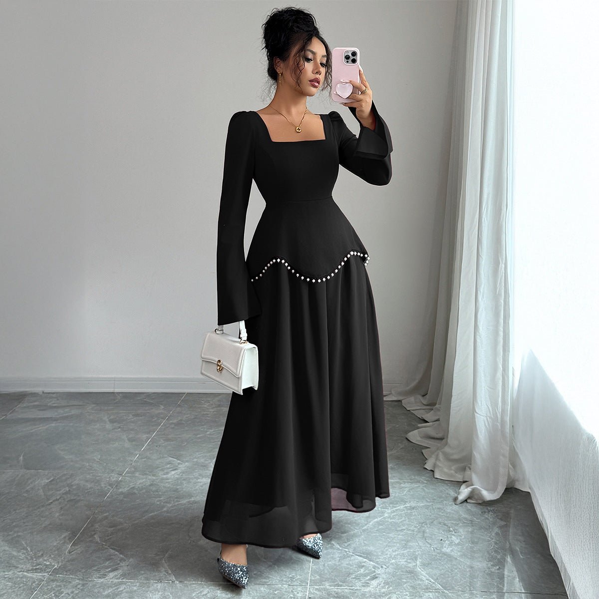 Pearl - Trimmed Peplum Dress with Square Neckline(MS326) - Mariam's Collection