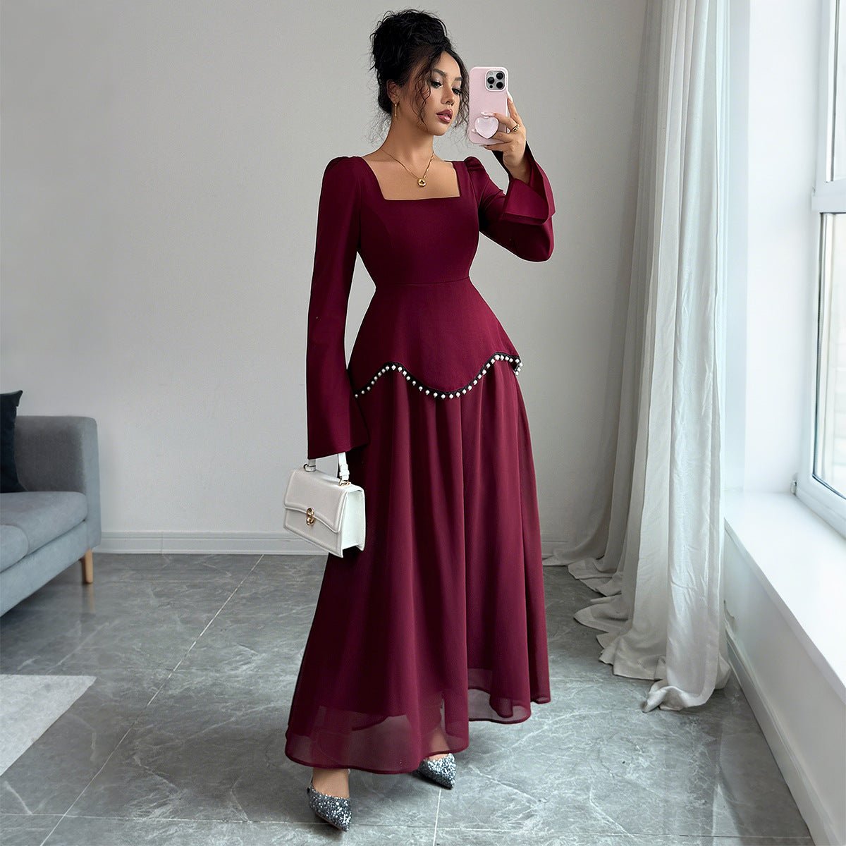 Pearl-Trimmed Peplum Dress with Square Neckline(MS326)