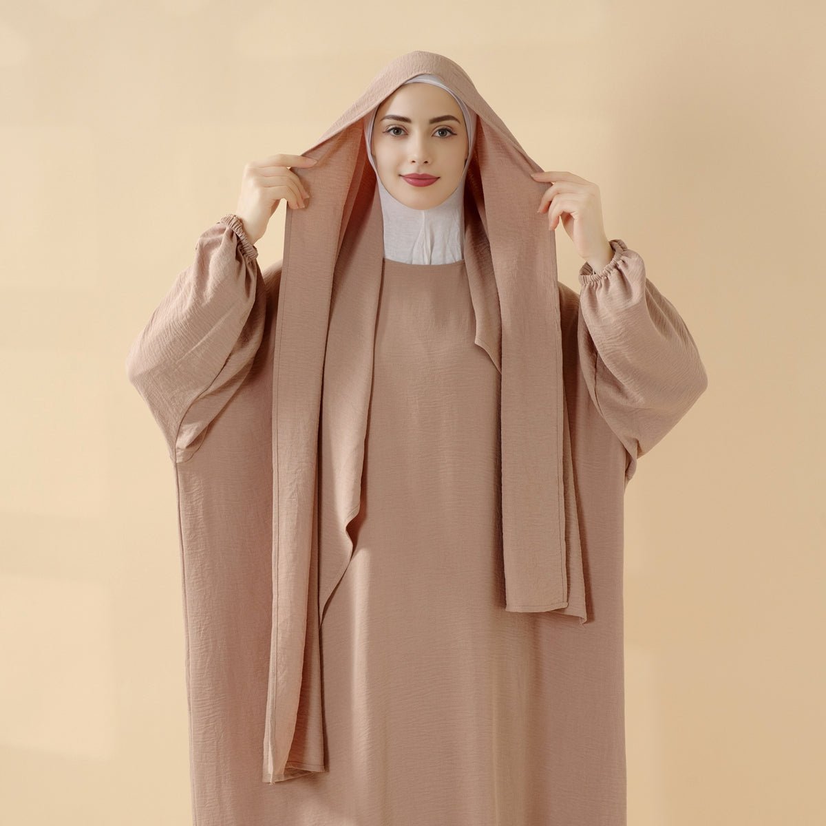 Cocoon-Cut Crepe Abaya Perfect For Umrah With One-Piece Hijab Attached (MA143)