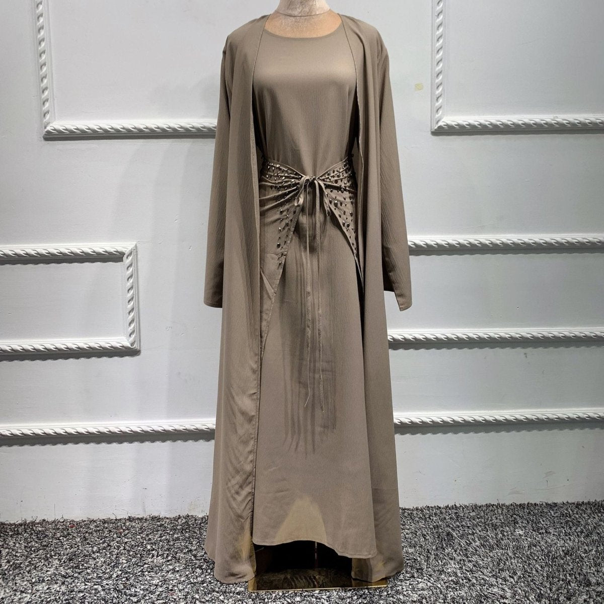 Pineapple Crinkle Solid Color Elegant Open Abaya 3 - Piece Set (MOA131) - Mariam's Collection