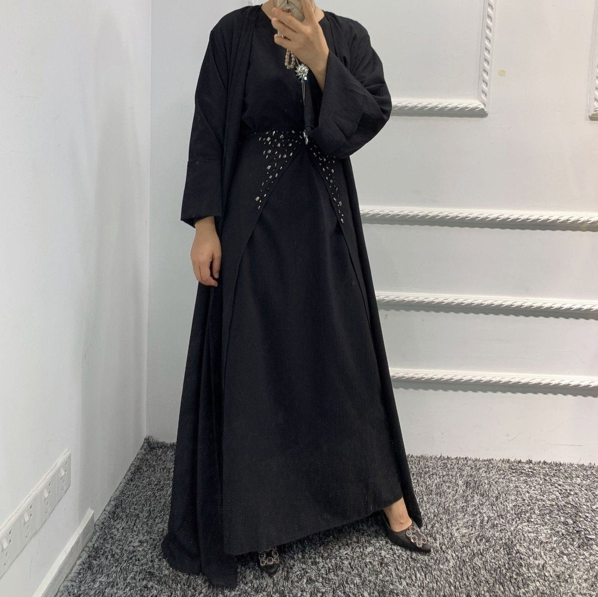 Pineapple Crinkle Solid Color Elegant Open Abaya 3 - Piece Set (MOA131) - Mariam's Collection