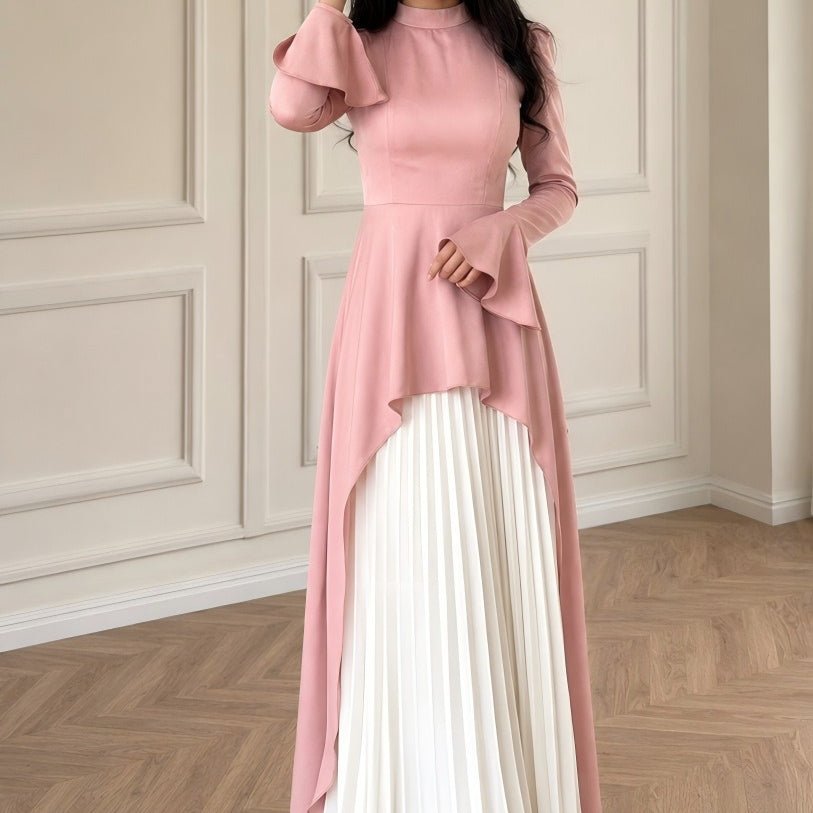 Pink & Ivory Peplum Pleated Maxi Dress(MS512) - Mariam's Collection