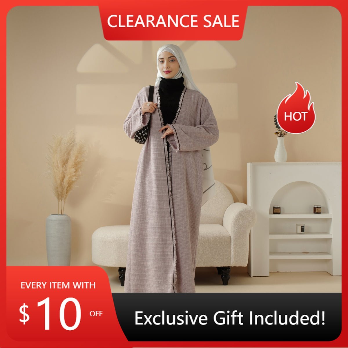 Plaid Tweed Open Abaya Coat with Fringe Details (MOA104) - Mariam's Collection