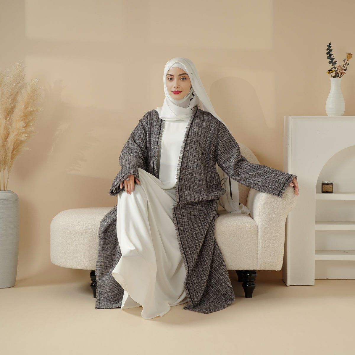 Plaid Tweed Open Abaya Coat with Fringe Details (MOA104) - Mariam's Collection