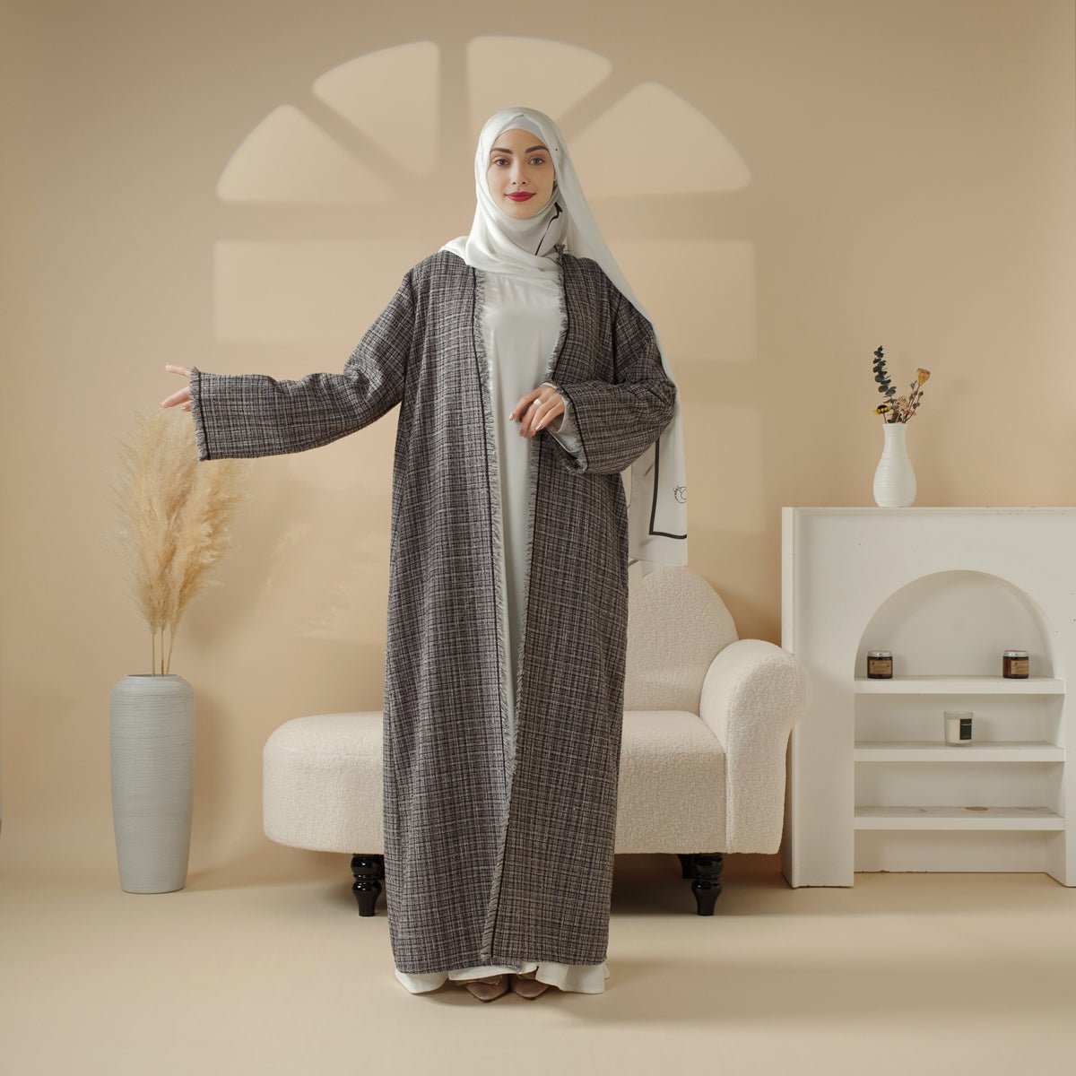 Plaid Tweed Open Abaya Coat with Fringe Details (MOA104) - Mariam's Collection