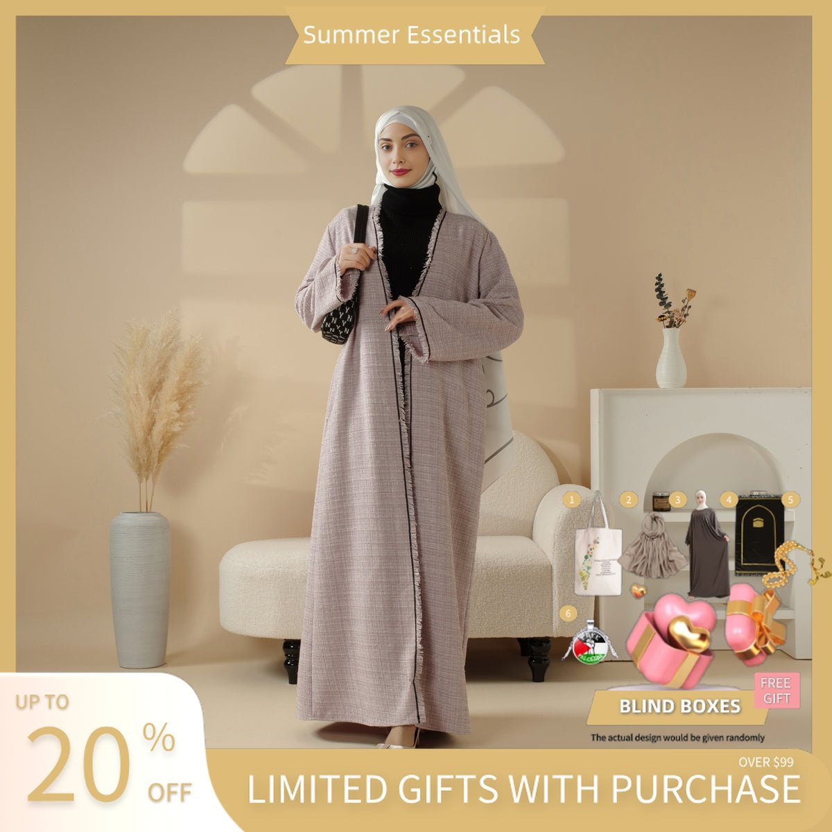 Plaid Tweed Open Abaya Coat with Fringe Details (MOA104) - Mariam's Collection