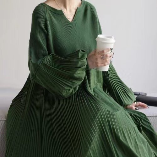 Pleated Knit Maxi Dress | Bubble Sleeve Mixed Media Sweater Dress(MS228) - Mariam's Collection