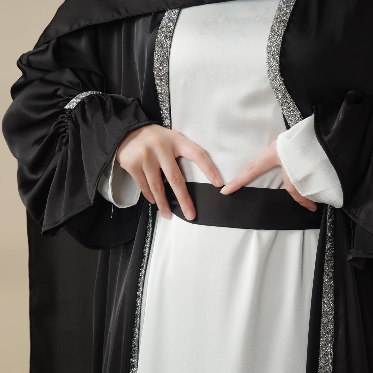 Poet Sleeve Satin Open Abaya With Matching Belt and Hijab (MOA009) - Mariam's Collection