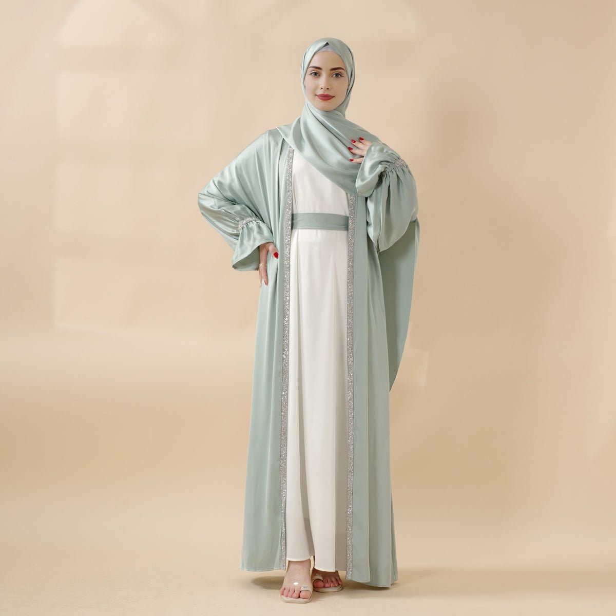 Poet Sleeve Satin Open Abaya With Matching Belt and Hijab (MOA009) - Mariam's Collection