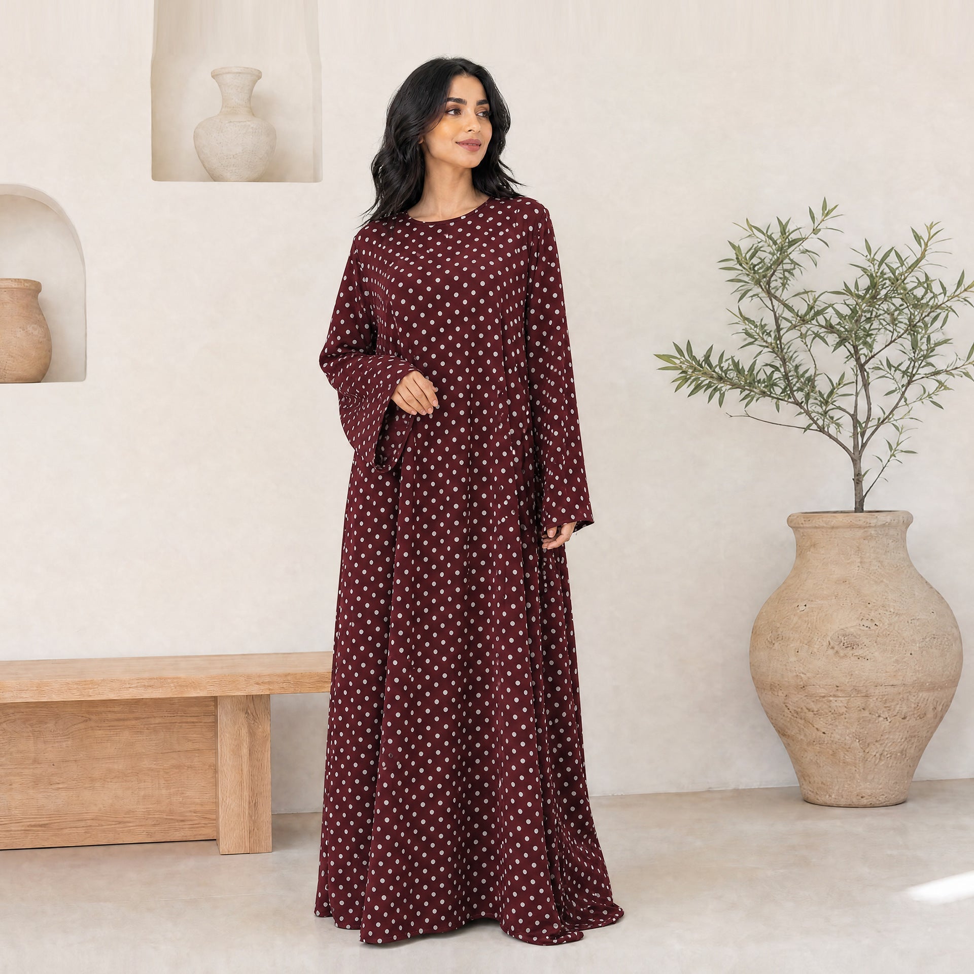 Polka Dot Flared Sleeve Abaya Maxi Dress(MA464) - Mariam's Collection