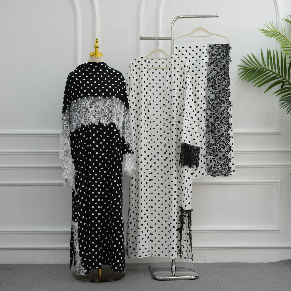 Polka Dot Lace-Trim Open Abaya & Matching Hijab Set(MOA343) - Mariam's Collection