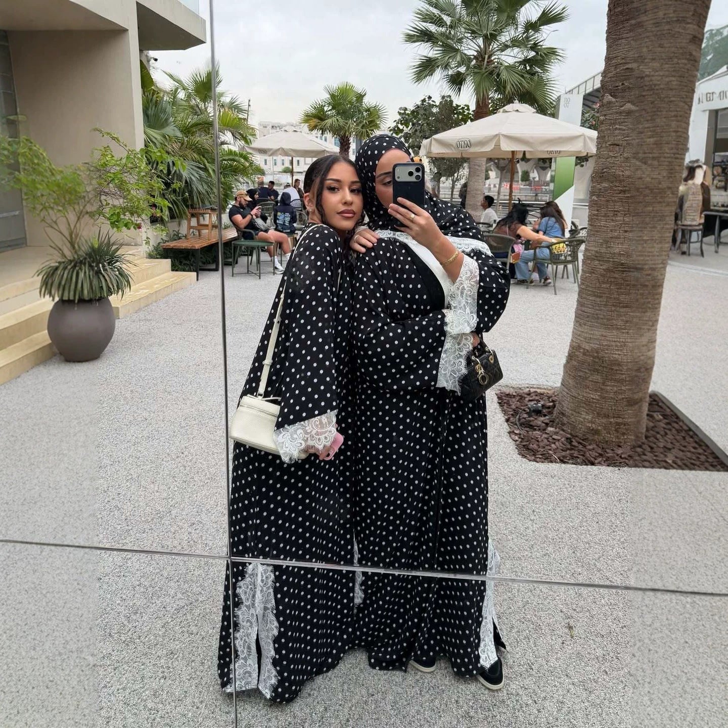 Polka Dot Lace-Trim Open Abaya & Matching Hijab Set(MOA343) - Mariam's Collection