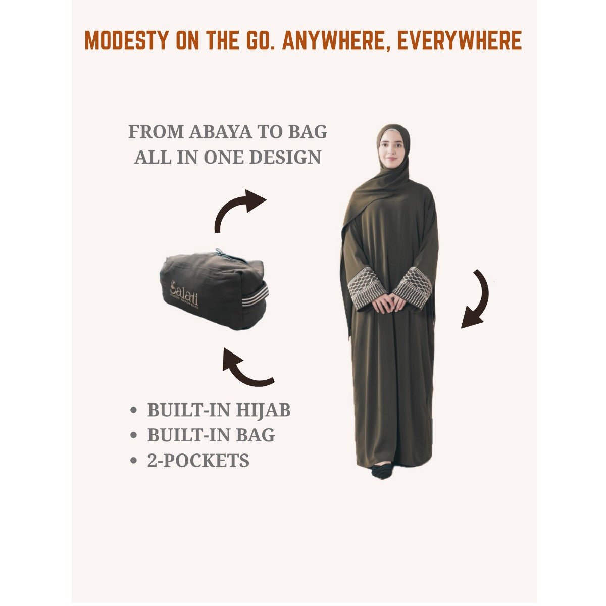 Portable Pocket Headscarf Dress Abaya Olive Green Modest Robe with Geometric Embroidery.(MJ019) - Mariam's Collection