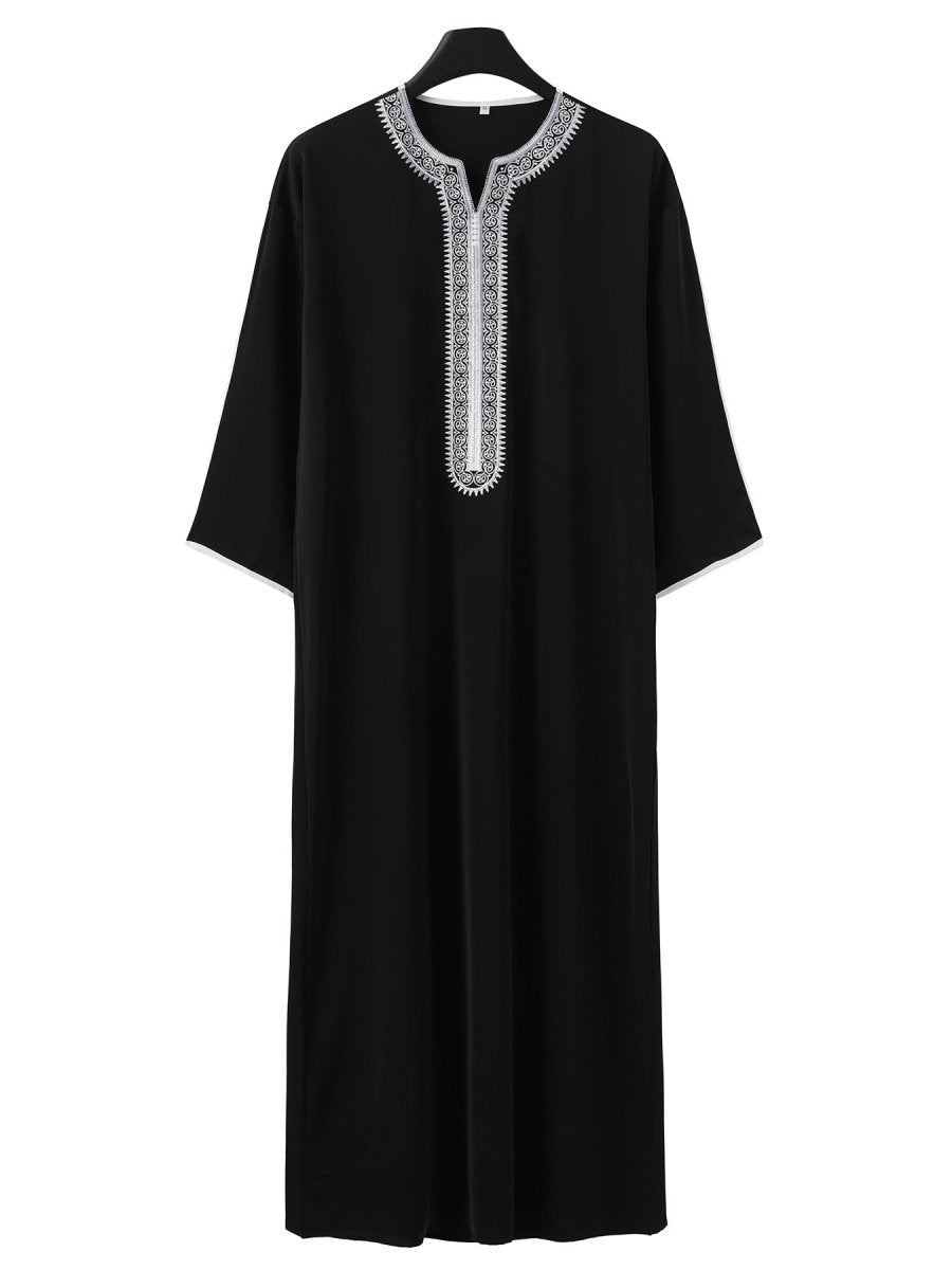 Premium Embroidered Men's Thobe Luxury Loose Fit V - Neck Muslim Robe with Handcrafted White Embroidery. (MT025) - Mariam's Collection