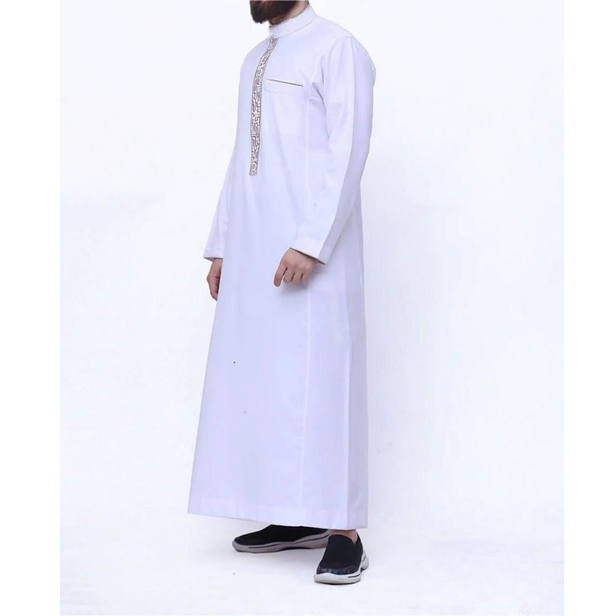 Premium Gold Islamic Geometric Print Men's Thobe Long Robe with Stand Collar & Side Pocket. (MT028) - Mariam's Collection