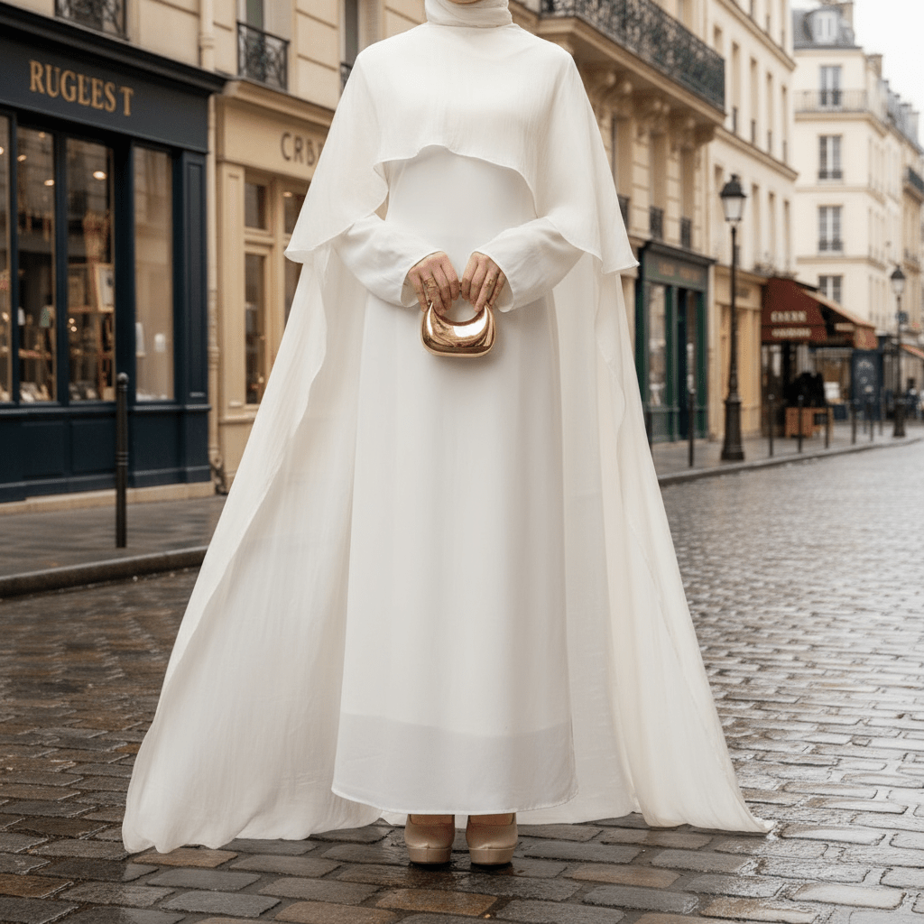 Luxury Organza Cape Abaya | A-Line Maxi Dress with Tie Belt & Sheer Overlay  Cape (MA300)