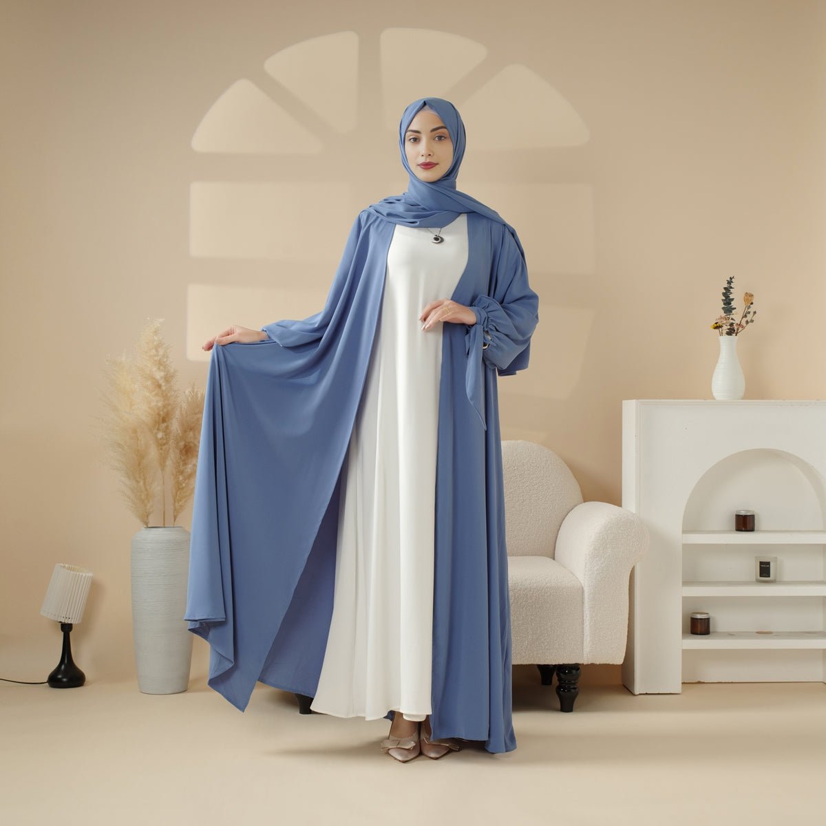 Premium Ribbon Sleeve Abaya: An Elegant Four-piece Abaya Set Blue / M