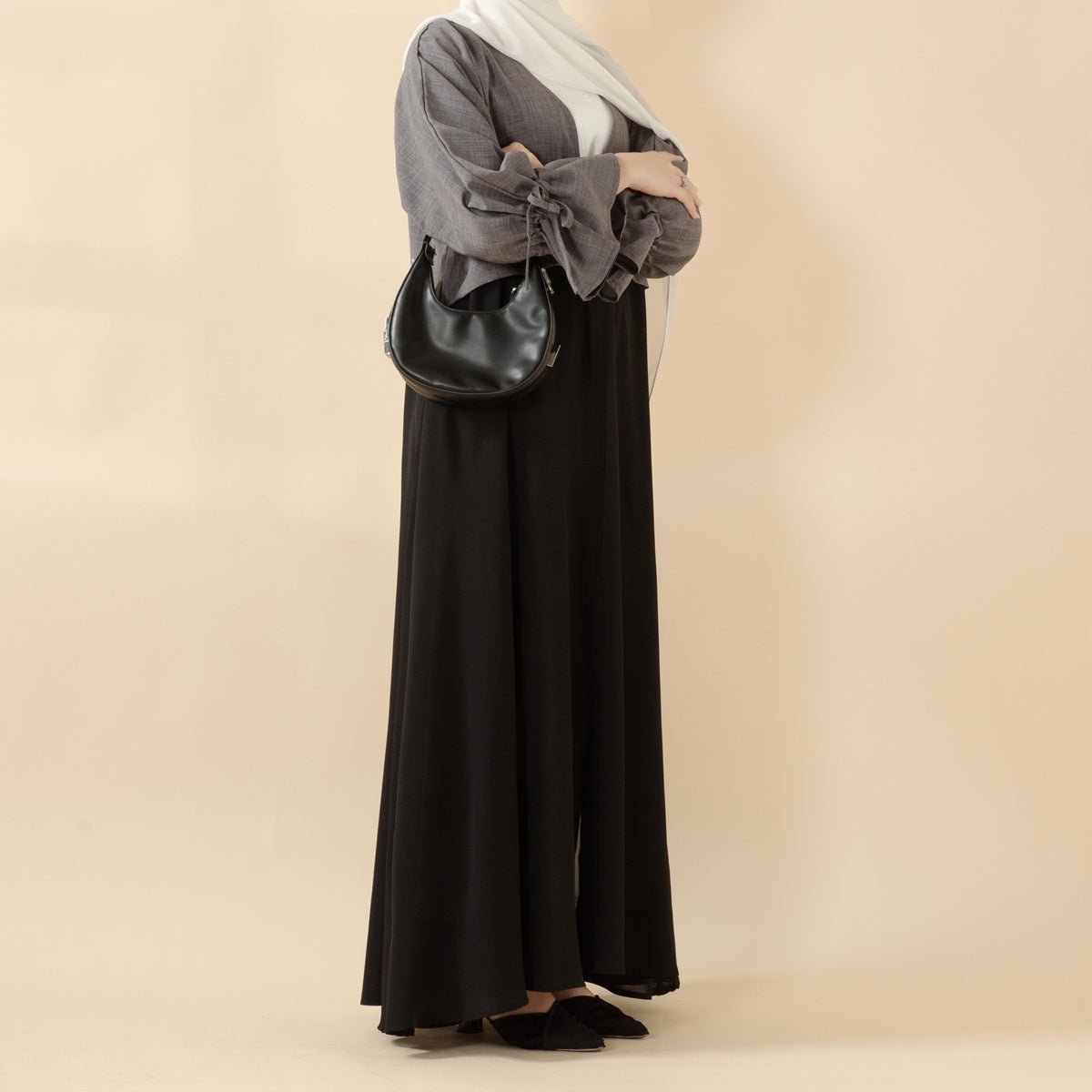 Princess Style 2 - Tone Contrast Ruffle Sleeves Open Abaya (MOA126) - Mariam's Collection