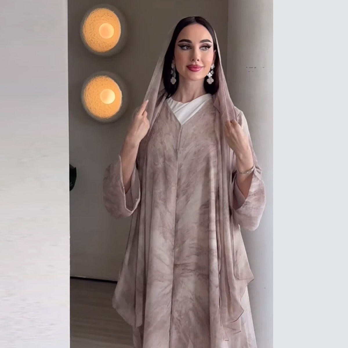 Printed Cardigan Abaya Collection | Modest Luxury Loungewear Feather - Print Robes (MOA194) - Mariam's Collection