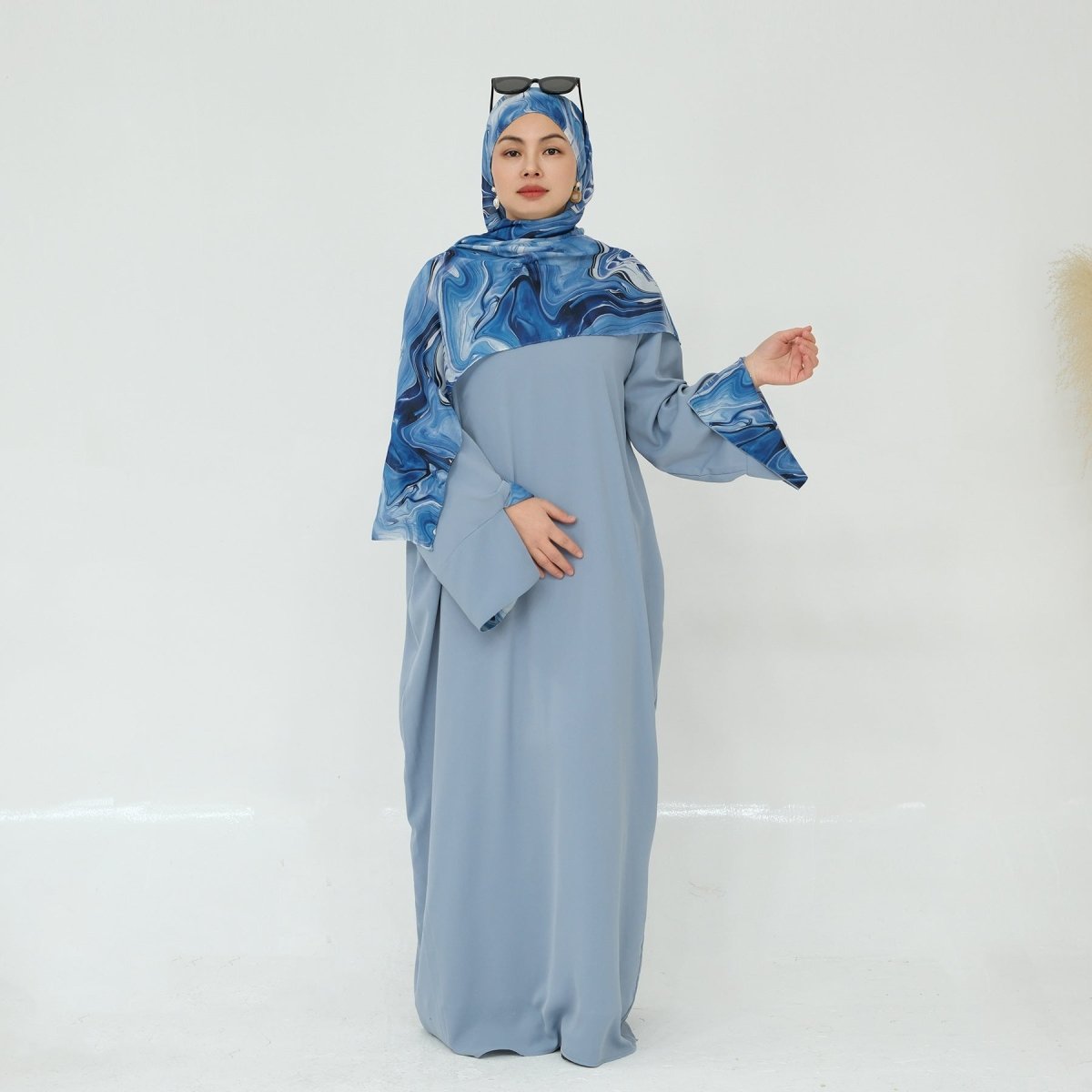 Printed Cuff Nida Abaya & Hijab Set | Relaxed Pocket Maxi Dress(MA360) - Mariam's Collection