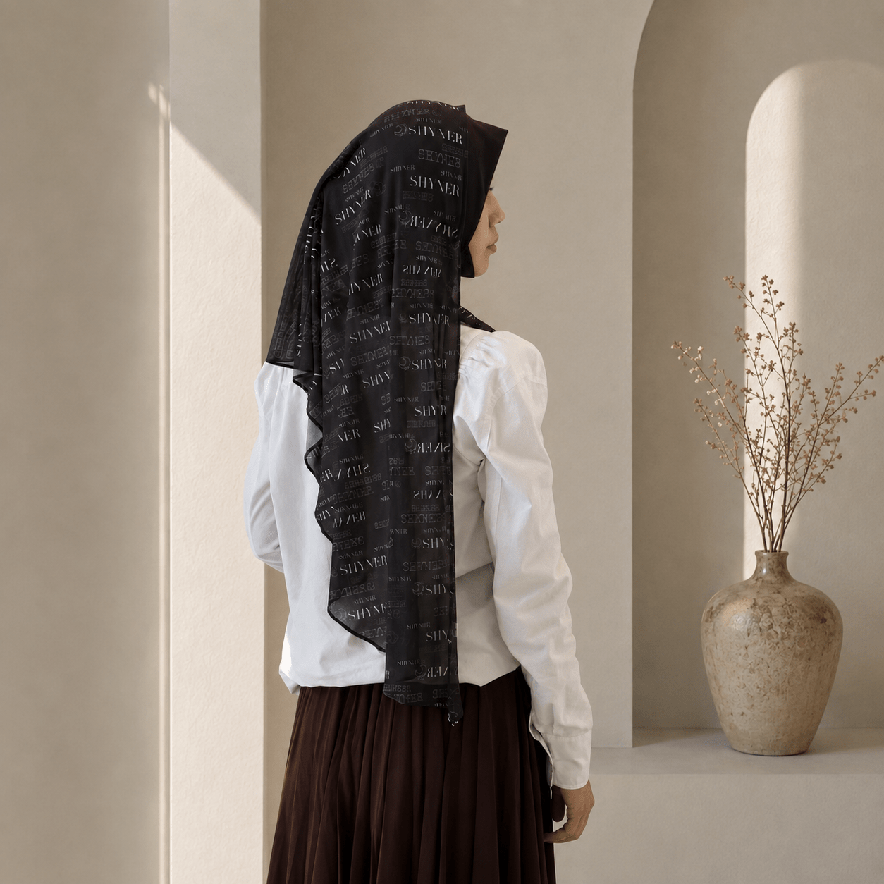 Printed Mesh Hijab – Wordmark Design, Breathable & Lightweight (MH259) - Mariam's Collection