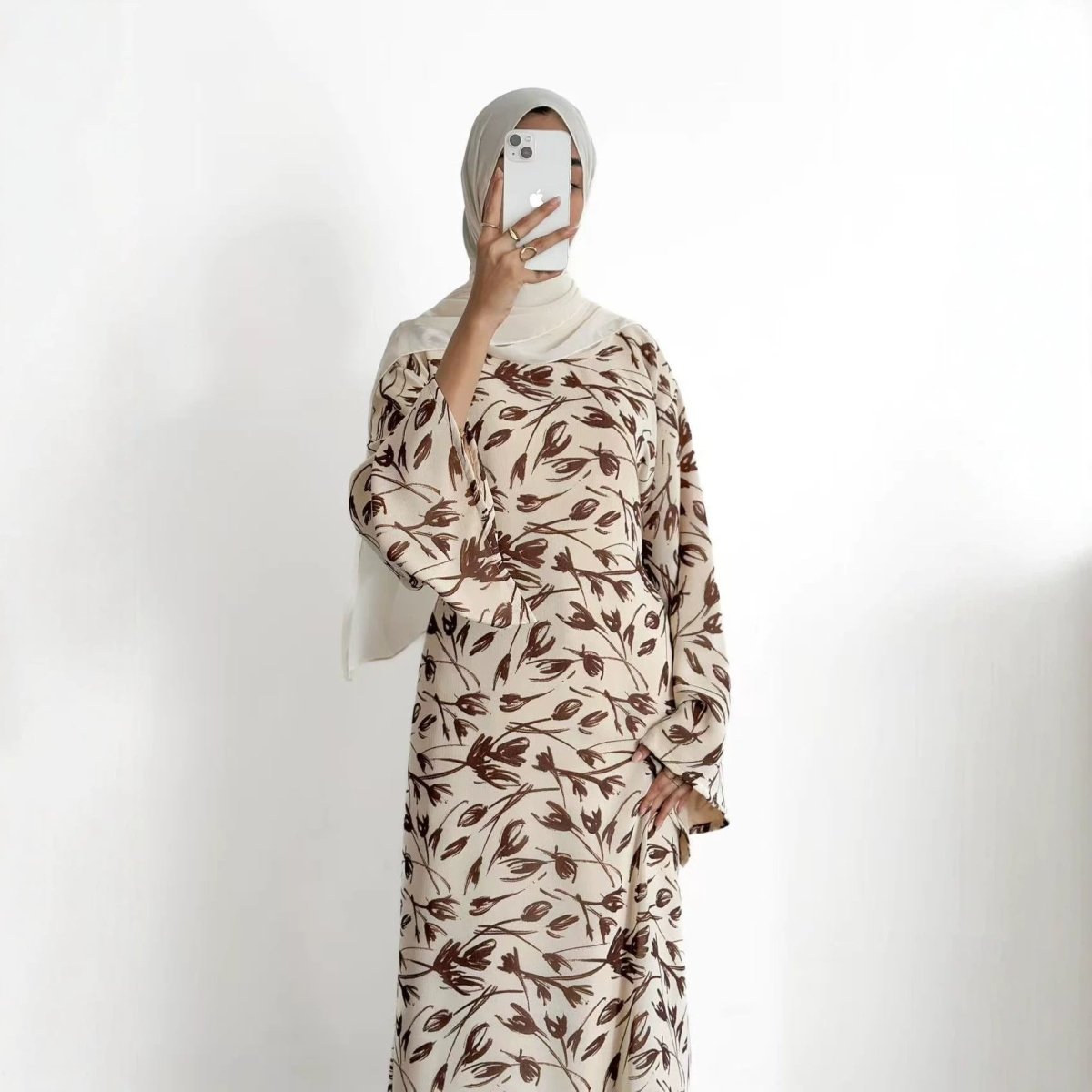 Printed Washed-Crinkle Bell Sleeve Maxi Dress(MS474) - Mariam's Collection
