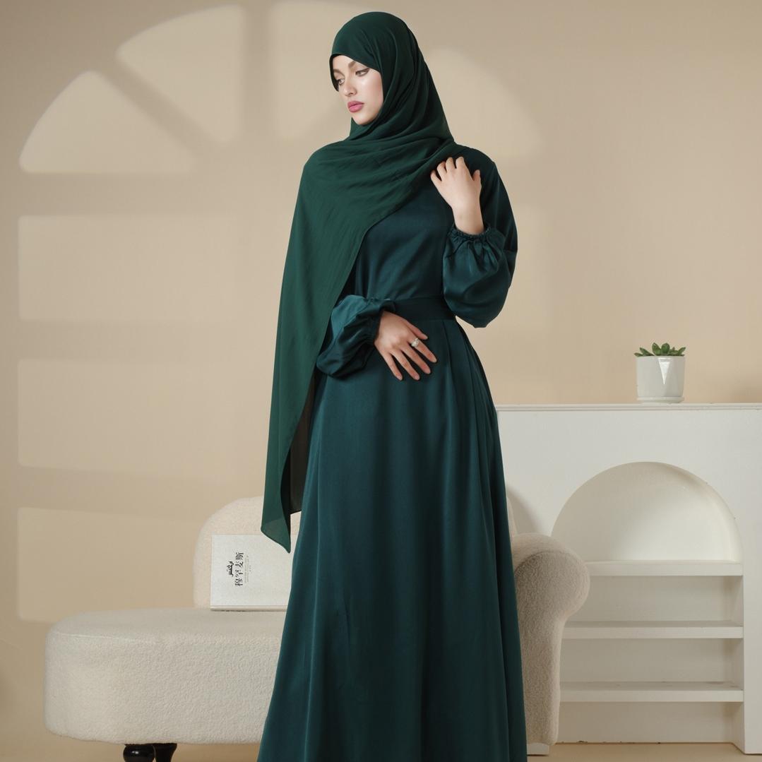 Puff Sleeve Satin Abaya with Pockets 2 - Piece Set (MA031) - Mariam's Collection