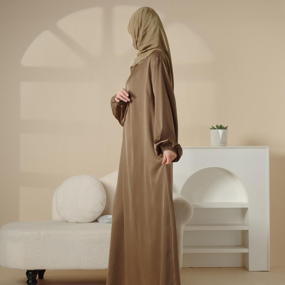 Puff Sleeve Satin Abaya with Pockets 2 - Piece Set (MA031) - Mariam's Collection