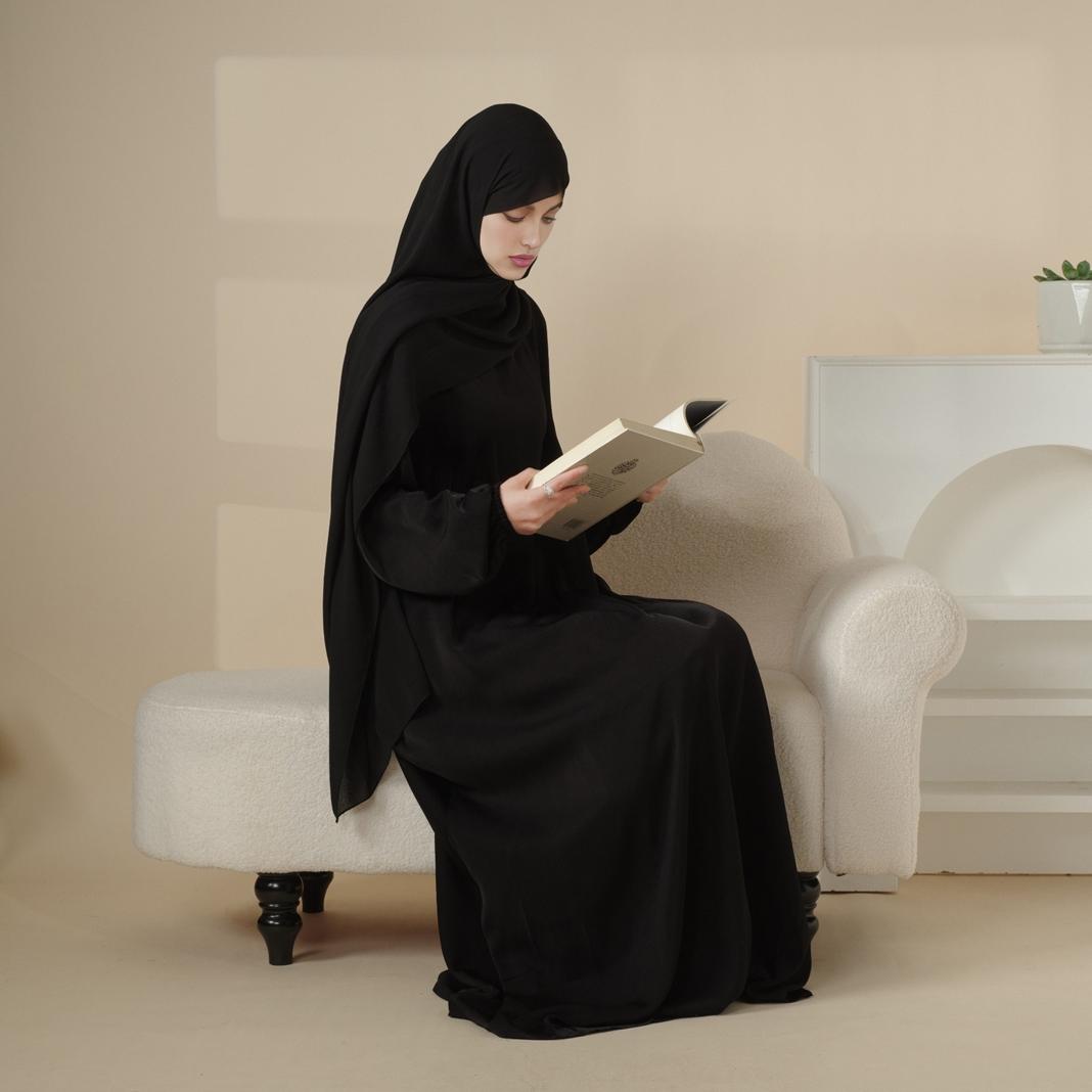 Puff Sleeve Satin Abaya with Pockets 2 - Piece Set (MA031) - Mariam's Collection