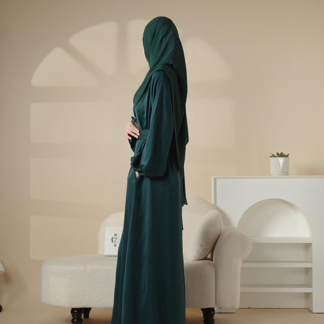 Puff Sleeve Satin Abaya with Pockets 2 - Piece Set (MA031) - Mariam's Collection