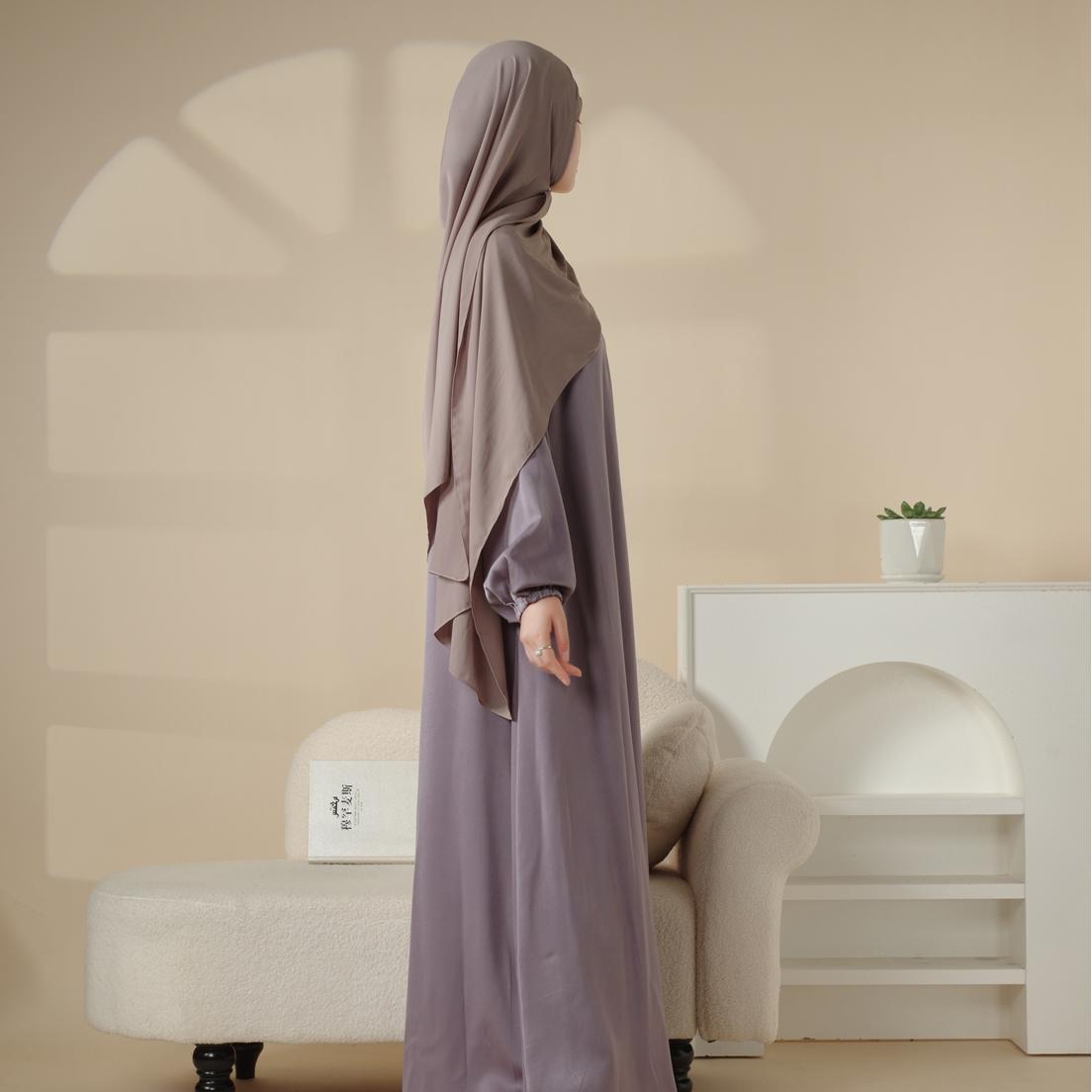 Puff Sleeve Satin Abaya with Pockets 2 - Piece Set (MA031) - Mariam's Collection