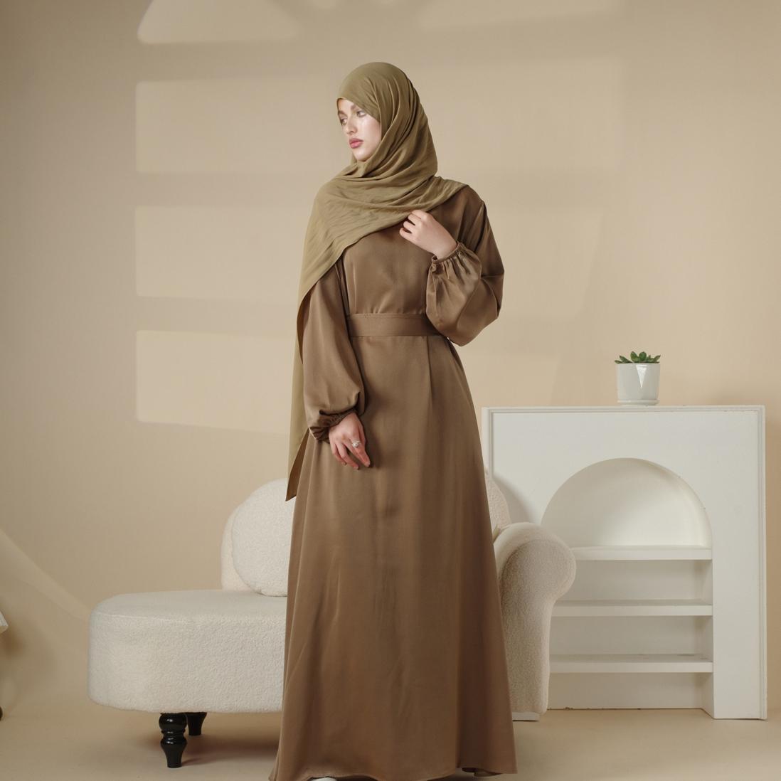 Puff Sleeve Satin Abaya with Pockets 2 - Piece Set (MA031) - Mariam's Collection