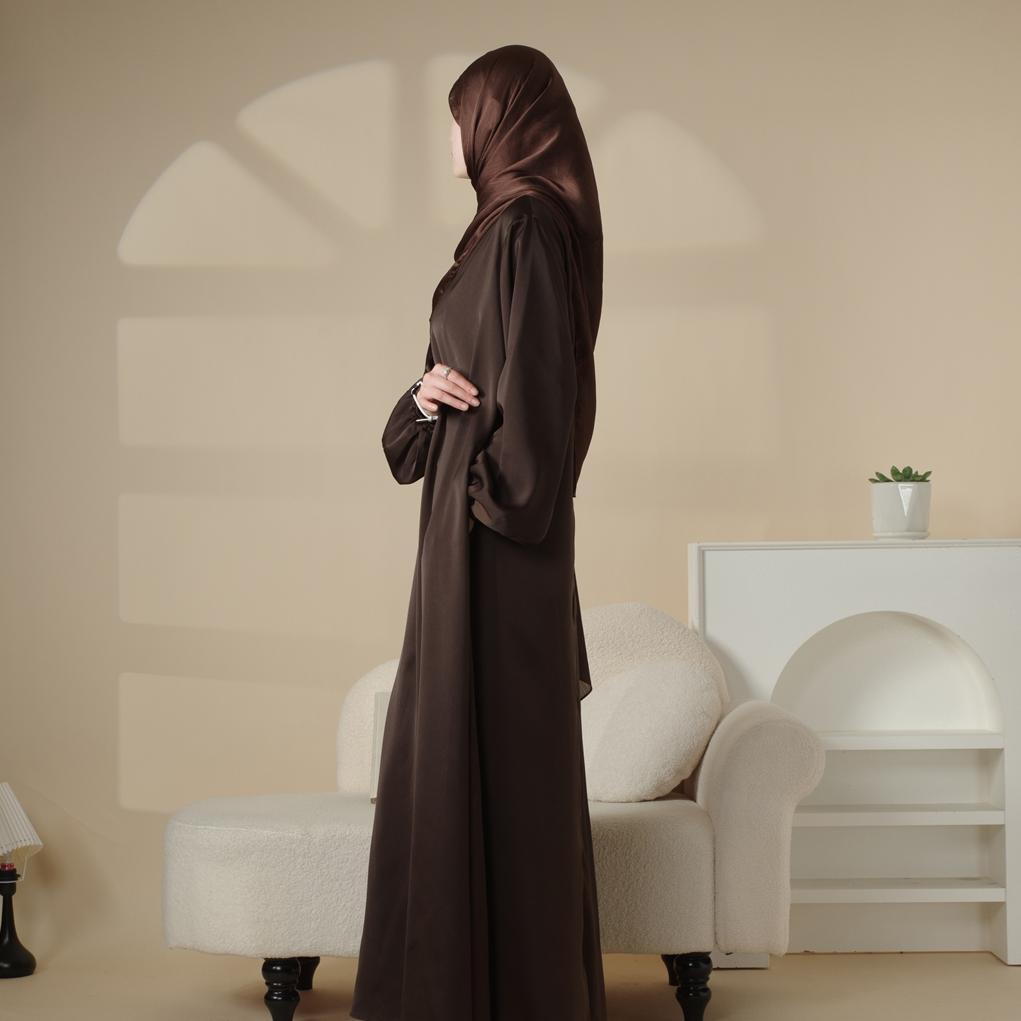 Puff Sleeve Satin Abaya with Pockets 2 - Piece Set (MA031) - Mariam's Collection