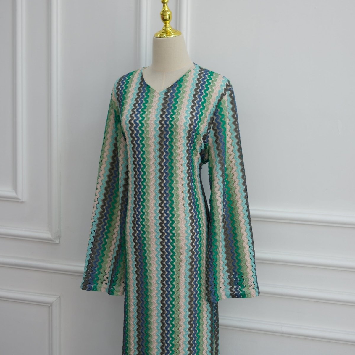 Rainbow Jacquard Flared-Sleeve Maxi Dress(MS486) - Mariam's Collection