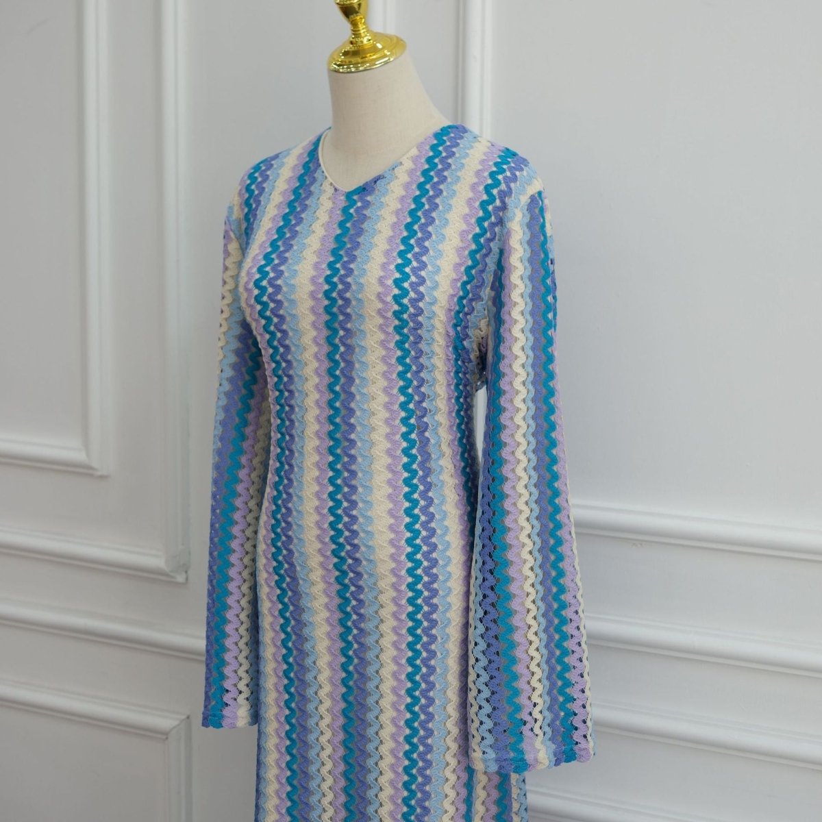 Rainbow Jacquard Flared-Sleeve Maxi Dress(MS486) - Mariam's Collection