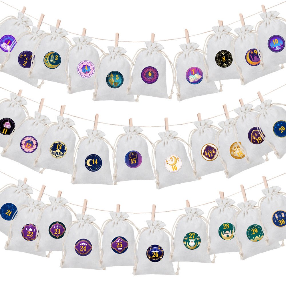 Ramadan 1–30 Countdown Calendar Gift Bag Set Drawstring Hanging Pouches (MAC385) - Mariam's Collection