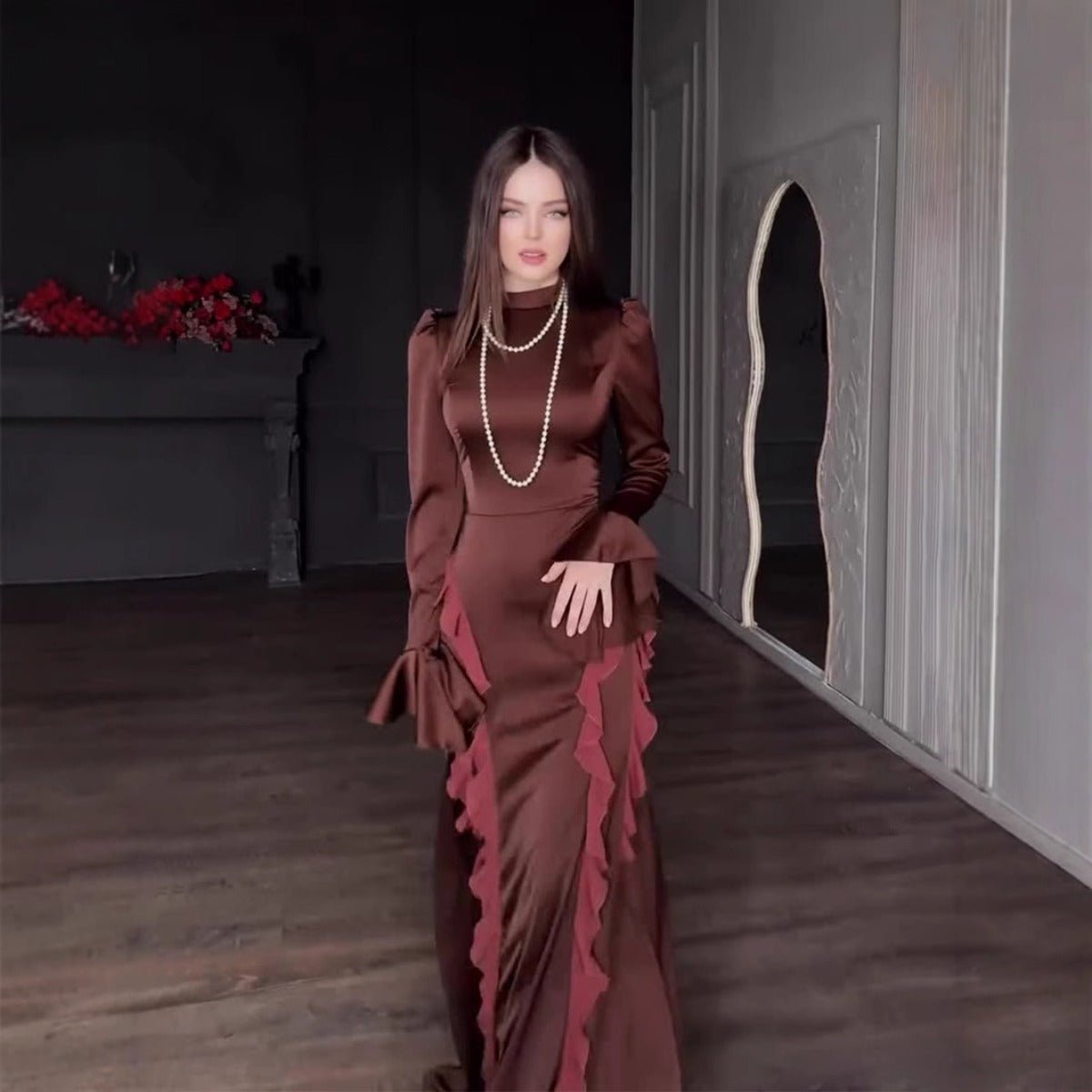 Regal Satin Court Dress Semi-Turtleneck Chiffon Lace-Up Maxi with Bell  Sleeves & Tiered Ruffles (MA235) - Mariam's Collection