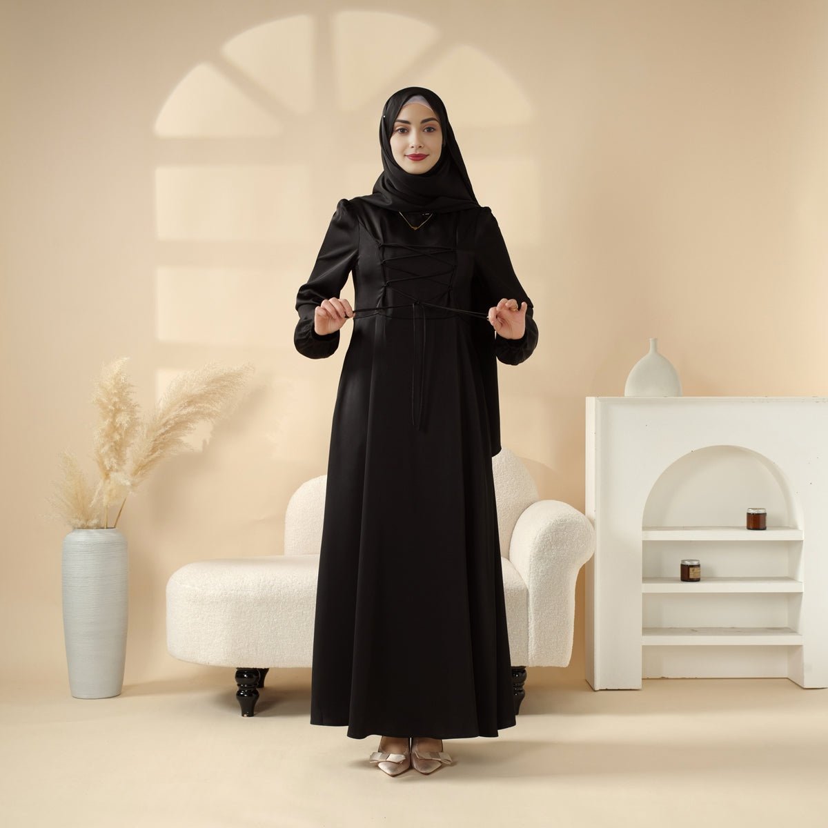 Removable Cross - Front Straps Design Premium Satin Dress Abaya (MA133) - Mariam's Collection