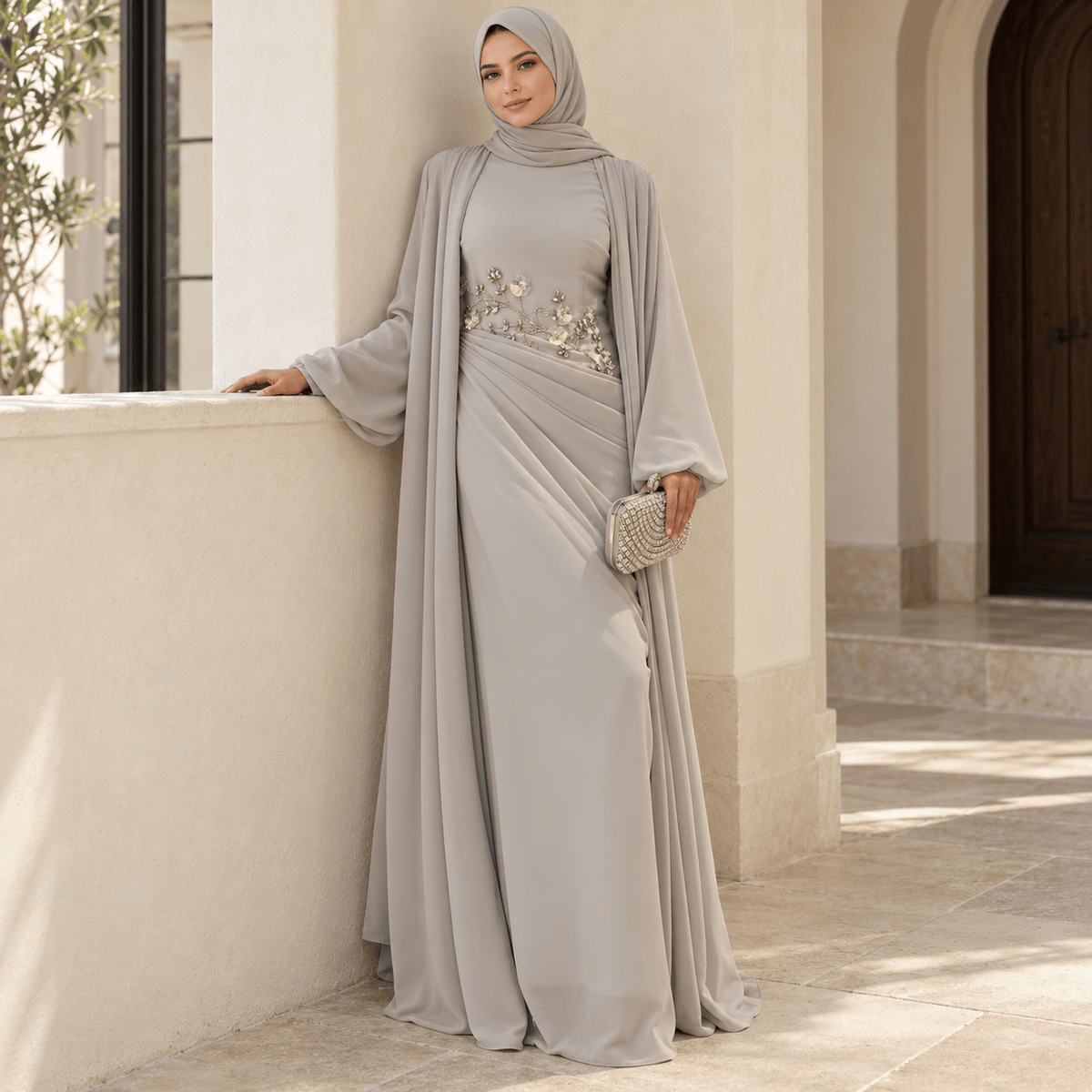 Rhinestone Floral Chiffon-Effect Evening Dress(MS591) - Mariam's Collection