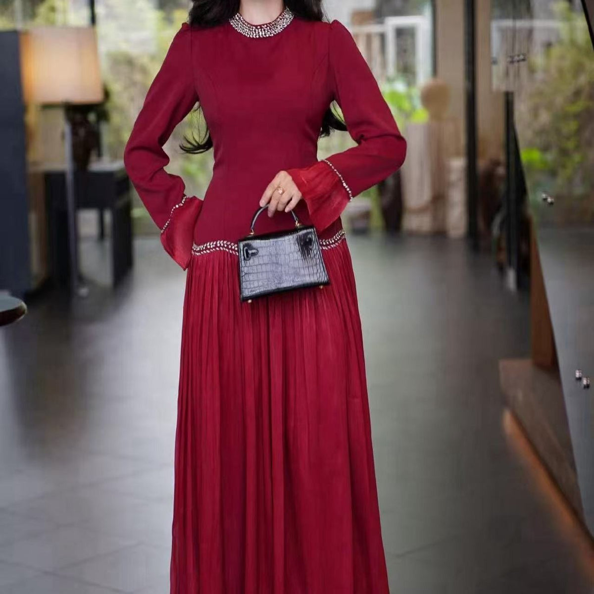 Rhinestone High-Neck Evening Gown | Elegant Defined-Waist Maxi Dress(MS579) - Mariam's Collection