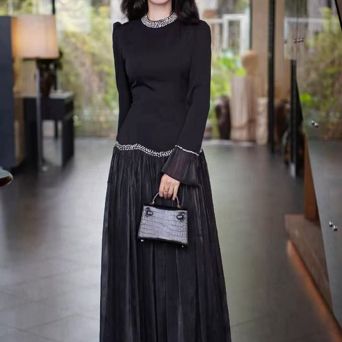Rhinestone High-Neck Evening Gown | Elegant Defined-Waist Maxi Dress(MS579) - Mariam's Collection