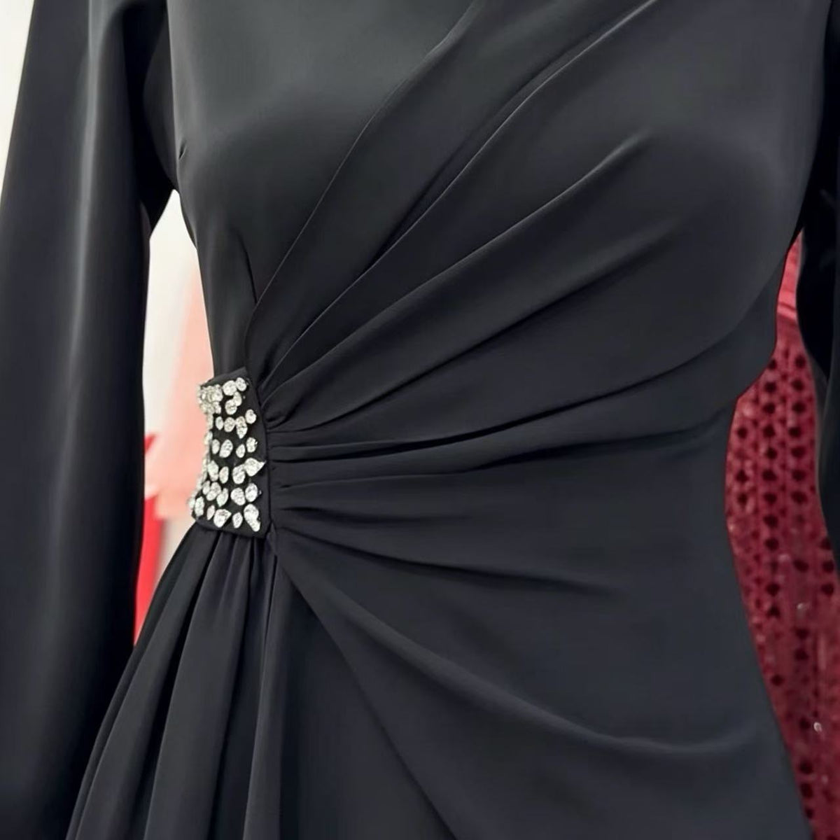Rhinestone High-Neck Evening Maxi Dress | Ruched-Waist Long-Sleeve Gown(MS567) - Mariam's Collection