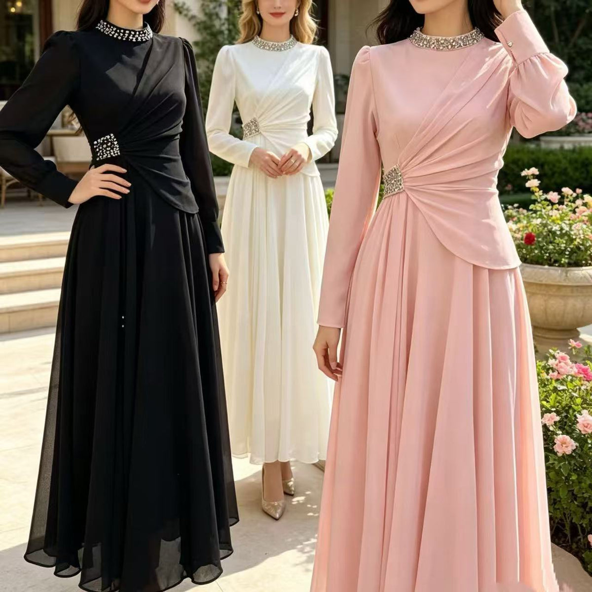 Rhinestone High-Neck Evening Maxi Dress | Ruched-Waist Long-Sleeve Gown(MS567) - Mariam's Collection