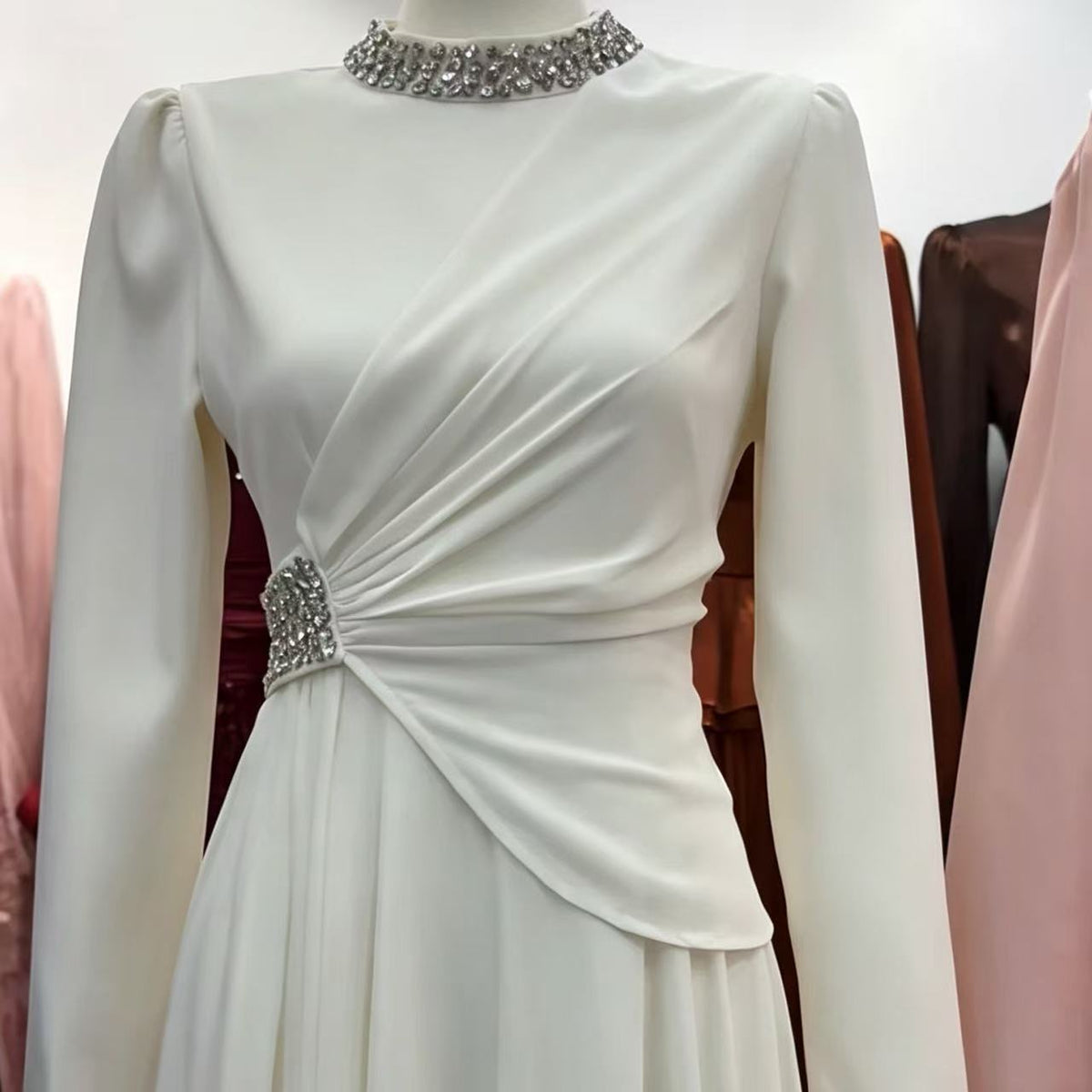 Rhinestone High-Neck Evening Maxi Dress | Ruched-Waist Long-Sleeve Gown(MS567) - Mariam's Collection