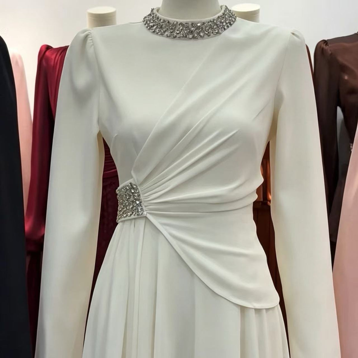 Rhinestone High-Neck Evening Maxi Dress | Ruched-Waist Long-Sleeve Gown(MS567) - Mariam's Collection