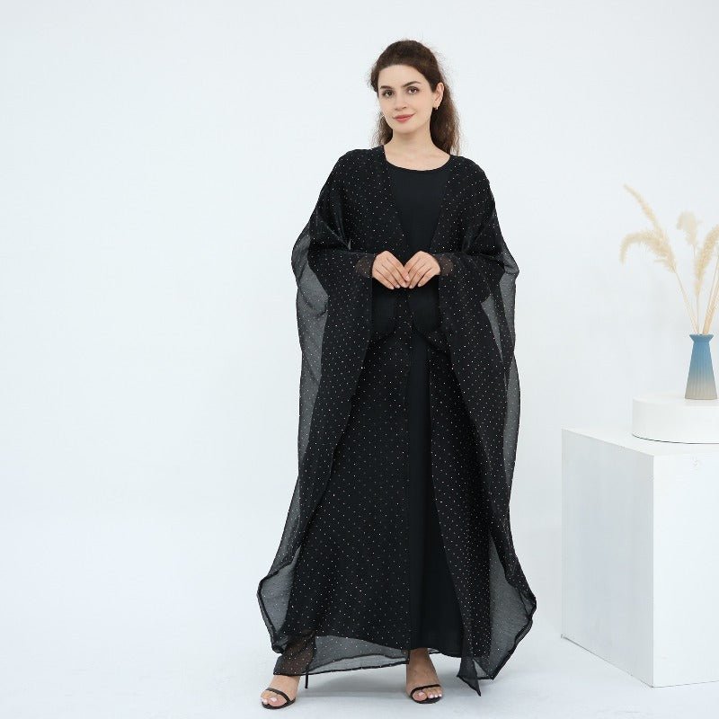 Rhinestone Ice Crinkle Batwing Sleeve Abaya Set(MOA237) - Mariam's Collection