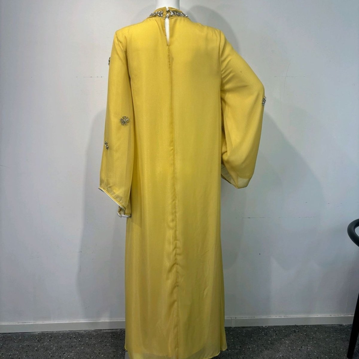 Flowing chiffon kaftan with hand-applied rhinestone embellishments and mock neckline